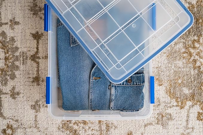 IRIS USA 26.5 Quart WEATHERPRO Plastic Storage Box with Durable Lid and Seal and Secure Latching Buckles, 3 Pack, Weathertight, Keep Pest Dust and Moisture Out, for Oversized Bulky Items, Clear/Blue
