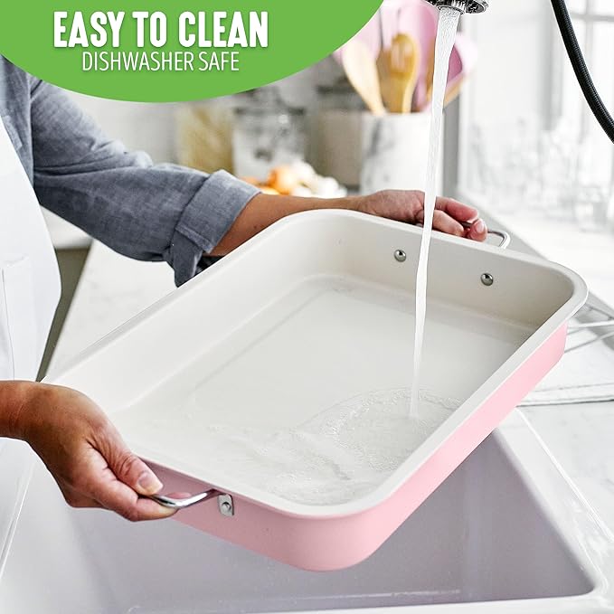 GreenLife 16.5” x 12” Healthy Ceramic Nonstick Roasting Pan with Stainless Steel Roaster Rack, PFAS-Free, PFOA-Free, Dishwasher Safe, Oven Safe, Easy Pouring Rims, Soft Pink