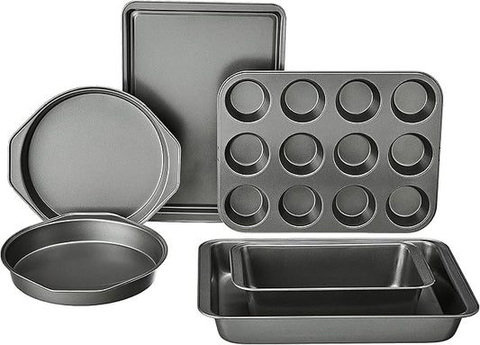 Amazon Basics 6 Piece Nonstick Carbon Steel Bakeware Set with Cake, Muffin, Cookie, and Loaf Pans, Easy Release, Oven Safe, 16.25 x 11.75 x 6.25 inches