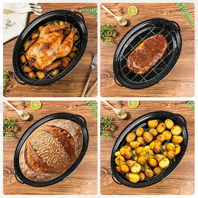 15” Roaster Pan with Lid and Rack, Small Enamel Roaster Pan with Oval Roasting Rack, Granite Baking Pot for Chicken Turkey Lamb, Heat Resistant, Oven/Dishwasher/All Stovestops Compatible