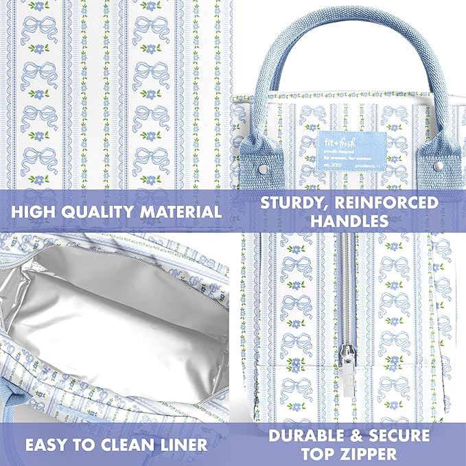 Fit & Fresh Bloomington Lunch Bag for Women - Insulated Large Lunch Box for Work with Containers, Leak-Resistant, Stain-Resistant, Zipper Closure, Blue Wallpaper Bows