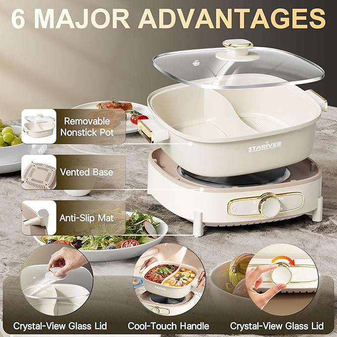 Stariver Hot Pot Electric with Divider, Large 6L Nonstick Double-Flavor Electric Shabu Shabu Pot, 1500W Hotpot with 3 Power Settings, Perfect for Family Dinners & Parties,White