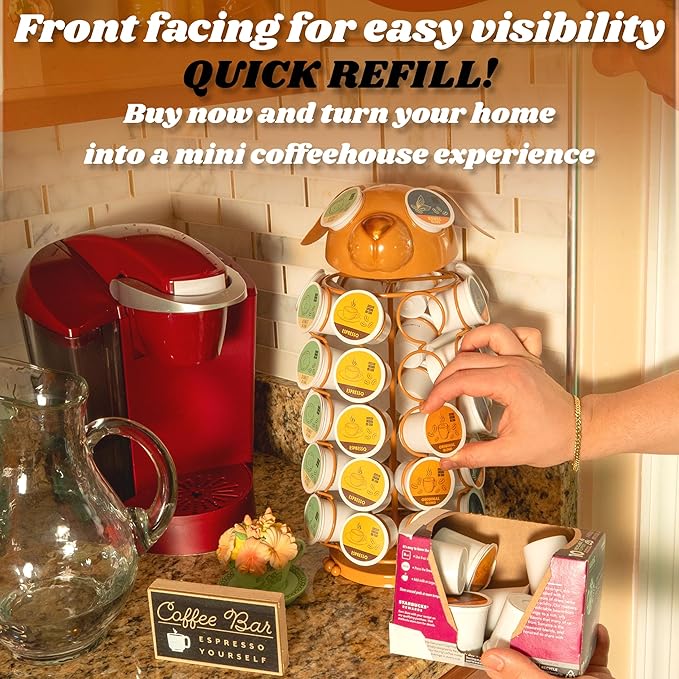 Made Easy Kit Carousel Coffee Pod Holder - Compatible with Keurig K-Pods K-Cups - Countertop 360 Spin Rack Storage Organizer - Revolving Base - Capsule Café Station Bar (Dog Brown, Small)