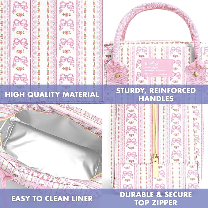Fit & Fresh Bloomington Lunch Bag for Women - Insulated Large Lunch Box for Work with Containers, Leak-Resistant, Stain-Resistant, Zipper Closure, Pink Wallpaper Bows