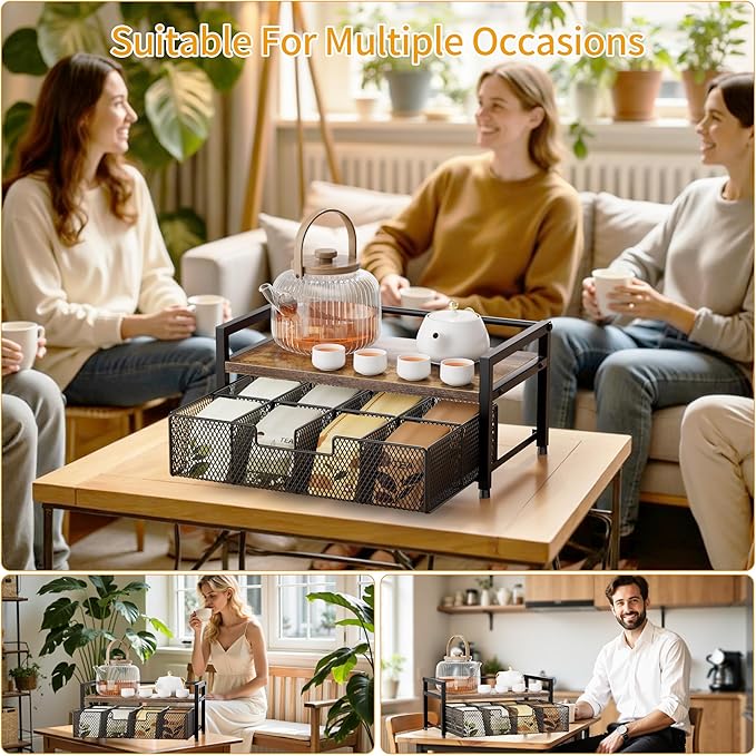 Tea Bag Organizer, Tea Bag Holder with Drawer, Wood and Metal Tea Organizers and Storage Chest for Countertop Kitchen, Office, Rustic Brown
