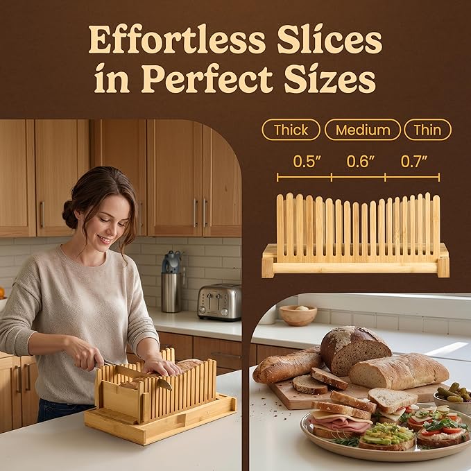 Bread Slicer Guide for Homemade Bread 3-In-1 Set: Sourdough Rounds Slicer, Baguette Cutter & Sandwich Sealer | Bread Loaf Slicing, Adjustable Bamboo Bread Cutter With Knife & Magnetic Slot