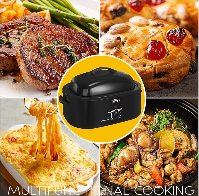 Sunvivi Roaster Oven, Electric Roaster Oven with Self-Basting Lid, 24lb 20-Quart Turkey Roaster with Unique Defrost/Warm Function, Large Roaster with Removable Pan & Rack, Stainless Steel, Black
