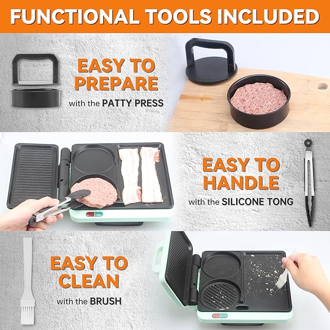 Baker's Friend Breakfast Sandwich Maker, Nonstick Electric Griddle & Grill Combo, 3 in 1 Breakfast Station, Make Egg Muffin Sandwiches Burgers Hot dogs & Pancakes, Includes Burger Press, Tong & Brush