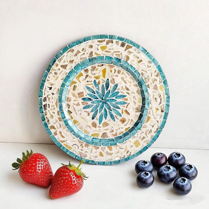 13 Inch Mother of Pearl Shell Placemat Plate – Large Round Decorative Heat for Table or Kitchen, Cabinet, Tabletop (Blue Leaf, 13 Inch)