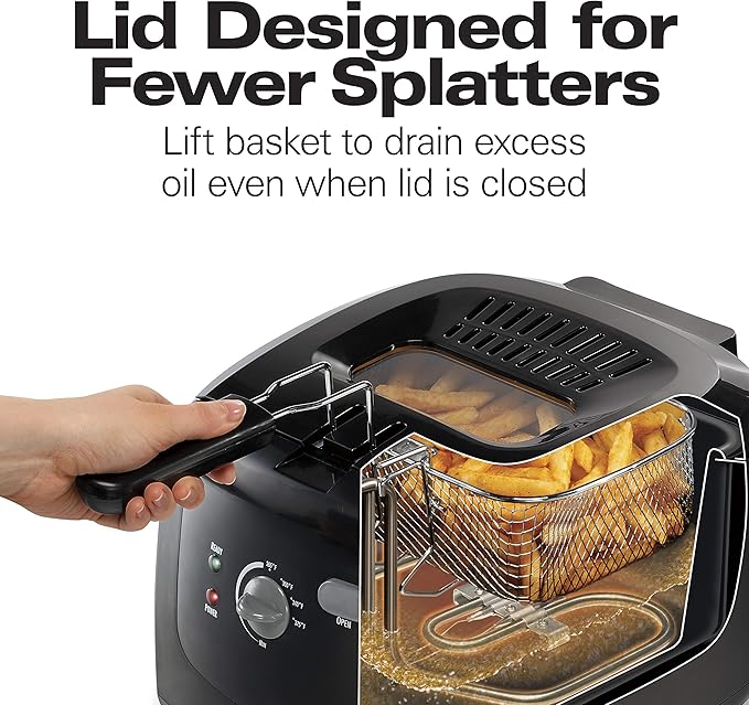 Hamilton Beach Cool Touch Electric Deep Fryer with Basket and Lid, 2 Liters / 8 Cups Oil Capacity, Adjustable Temperature, 1500 Watts for Fast Heat-up, viewing Window Easy to Clean, Black (35021)