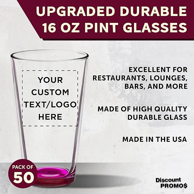 Custom Arc Pint Glass 16 oz. Set of 50, Personalized Bulk Pack - Beer Glasses, Heavy Duty Drinkware - Pink