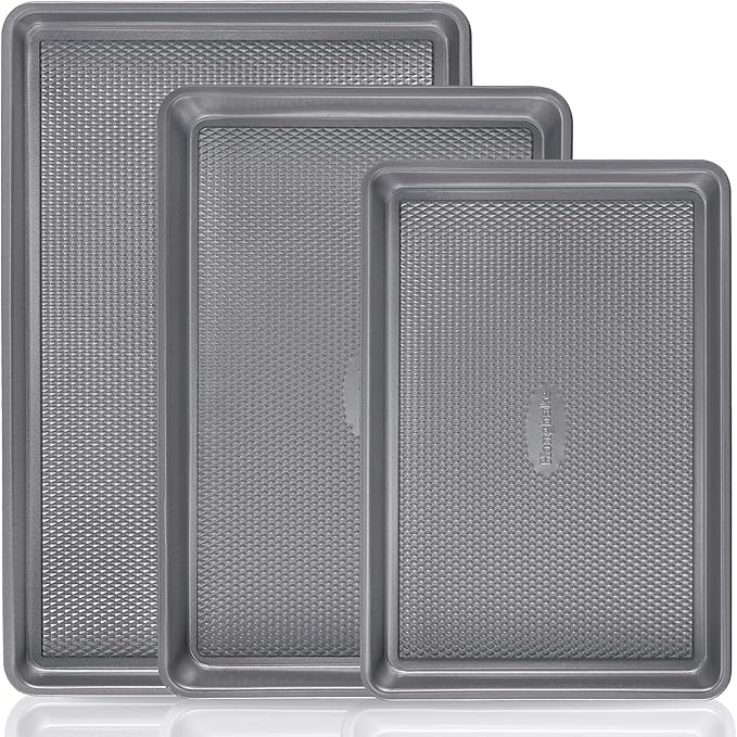 HONGBAKE 3 Pack Nonstick Ceramic Baking Sheet Pan Set for Oven, Non-Toxic Half/Quarter/Jelly Roll Pans with Diamond Texture, 0.8mm Aluminized Steel Cookie Trays for Cooking, Charcoal Gray