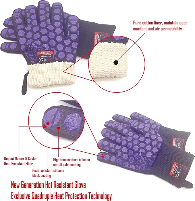 J H Heat Resistant Oven Glove:EN407 Certified 932 °F, 2 Layers Silicone Coating, Oven Mitts for Cooking, Kitchen, Fireplace,Camping, Grilling (Black/Purple, Regular Cuff)
