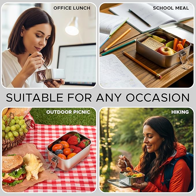 3-Pack 850ml (28.7 oz) Stainless Steel Bento Lunch Box Containers with Lids - Waterproof Metal Food Storage - Snack Prep Trays and Tiffin Carriers
