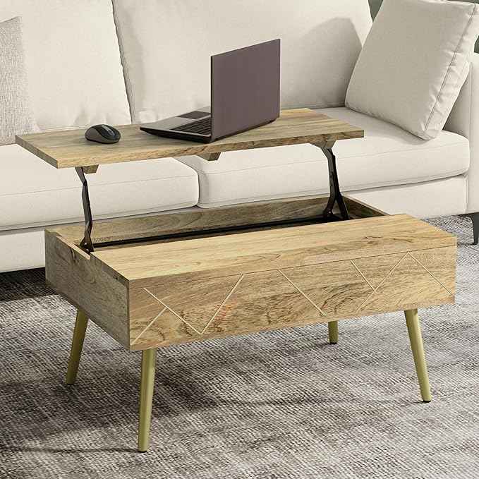SIMPLIHOME Jager Lift Top Coffee Table - 36 inch Wide Solid Mango Wood Contemporary Modern Cocktail Table in Natural, Stylish Living Room Table with Hidden Storage, Brass Inlay, and Gold Metal Legs