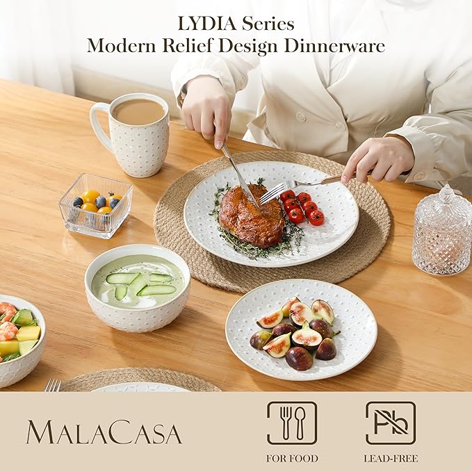 MALACASA 16 Pieces Dinnerware Sets, Modern Relief Design Plates and Bowls Sets, White Dish Set for 4, Kitchen Ceramic Dinner Plates Dishware Set, Microwave and Dishwasher Safe, Series LYDIA
