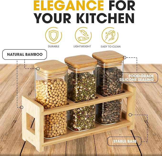 Mini Glass Storage Containers with Lids & Display Rack - Small Air Tight Spice Jars & Sealable Coffee Canister with Sticker Label & Pen (Set of 3)