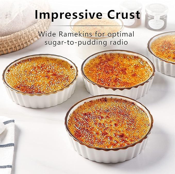 ONEMORE Ramekins 4 oz - Oven Safe Shallow Ramekins with Brown Rim for Creme Brulee - Speckled, Fluted, Set of 6
