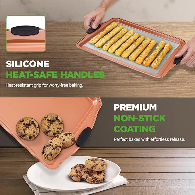 NutriChef 5-Piece Bakeware Set – Premium Non-Stick, Stackable Kitchen Baking Pans with Silicone Handles – Includes 3 Cookie Sheets, Baking Pan & Lid – Perfect for Cakes, Cookies & Brownies