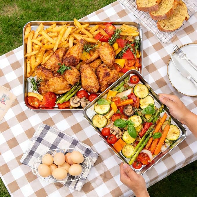 Onader Large Baking Sheet, 18 x 13 Inch Stainless Steel Half Sheet Baking Pans for Oven, Commercial Metal Cookie Pan Tray for Roasting Cooking, Mirror Finish & Dishwasher Safe, 2-Pack