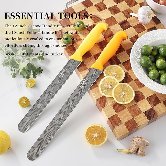 2PCS Brisket Knife, OHOLA 12 inch & 10 inch Carving Meat knife, Premium Stainless Steel Slicing Knife with Plastic Handle, Great for Smoked Brisket, BBQ Meat, Turkey (Orange+Yellow)