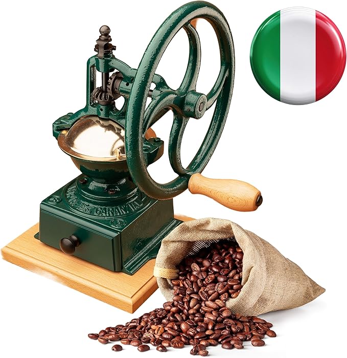 Manual Burr Coffee Grinder - Heavy Cast Iron Coffee Bean Burr Grinder with Adjustable Grind Settings, Hand Crank, and Vintage Design - Italian Made Espresso Accessories by Classic Cuisine (Green)