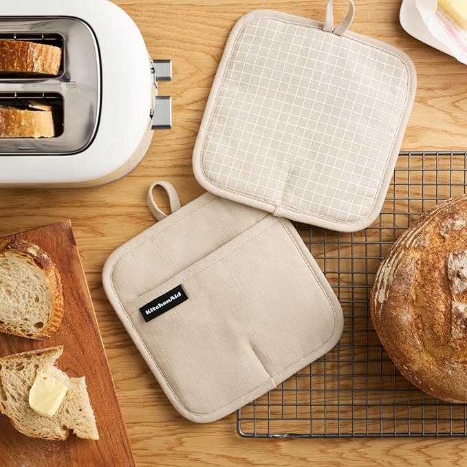 KITCHENAID Gourmet Series Gridlines Pot Holders 2-Pack Set, Heat Resistant up to 600°F, Soft Silicone Grip, Magnetic Cuff, Milkshake Tan, 8"x8"
