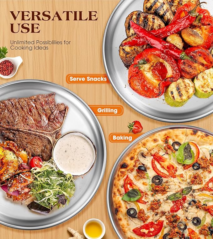 12 Inch Stainless Steel Pizza Pan Set of 2, Pizza Pan for Oven, Steel Pizza Tray for Baking Cookie Pie Cake, Round Stainless Steel Pizza Plate Pizza Baking Sheet, Easy Clean & Dishwasher Safe