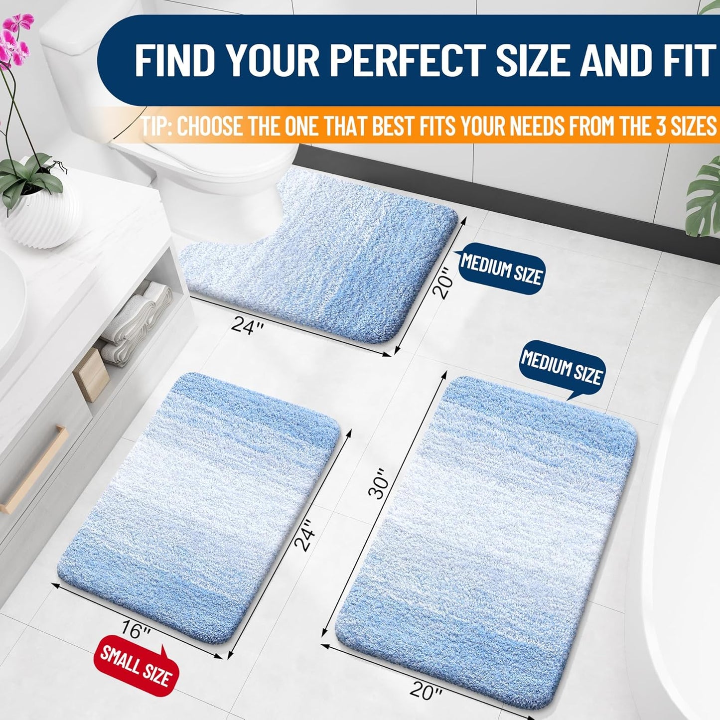 OLANLY Bathroom Rugs Mat 24x16, Extra Soft Absorbent Microfiber Bath Rugs, Rubber Backing, Quick Dry, Machine Washable Bath Mats for Bathroom Floor, Tub and Shower, Home Decor Accessories, Light Blue