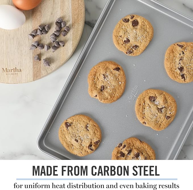 Martha Stewart Gallen 13x9 Inch Nonstick Carbon Steel Cookie Sheet - Durable Silver Baking Pan for Cookies, Brownies & Roasting