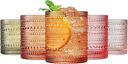 Hobnail Tumbler Drinking Glasses Set | Set of 5 | Vintage Sunset Colored Beaded Hobnails 10 OZ Muted Bubble Whiskey Glassware, Old-Fashioned, Embossed Design Glass Water Wine, Cocktail Glass Set Gift