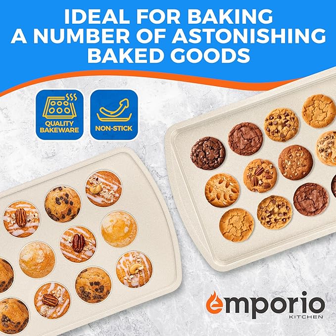 Stackable Baking Pan Set - Deluxe Nonstick White Marble Coating, Carbon Steel Bakeware Sets, PFOA, PFOS, PTFE Free, Recipe Booklet Included, Oven Safe (Up to 450°F), Set of 7 - White