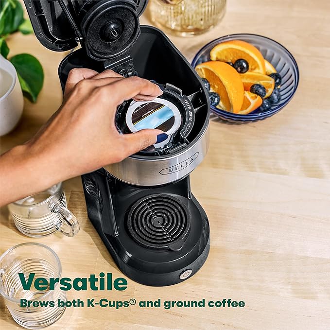 BELLA Dual Brew Single Serve Coffee Maker, Brews both Kcup and Ground Coffee, Large 14oz Capacity, Easy One Touch, Auto Shutoff, Black