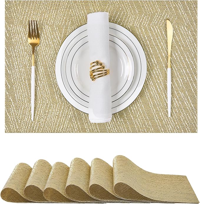 Leetaltree Gold Placemats Set of 6 - Heat Resistant Non-Slip Place mats for Dining Table, Washable Durable PVC Vinyl Woven Table Mats(Luxury Gold, 6)
