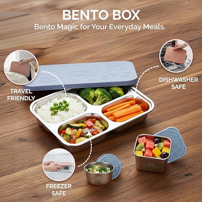 Stainless Steel Lunch Box for Kids 5 and Older – 3 Pieces Stainless Steel Bento Box with 4 Compartments & 2 Snack Containers – Leak Proof, BPA-Free, Eco-Friendly, Dishwasher Safe & Durable – Blue