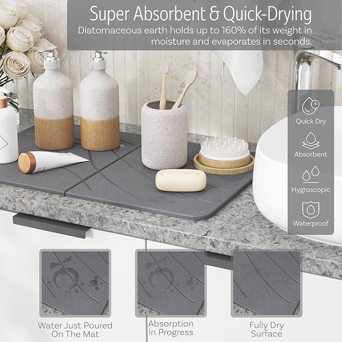 Large Stone Drying Mat with Bamboo Rack | 23.6” x 15.4” Diatomaceous Earth Collapsible Stone Dish Drying Mat | Quick Water Absorbing Foldable Dish Drying Stone for Kitchen Counter Racks (Dark Gray)