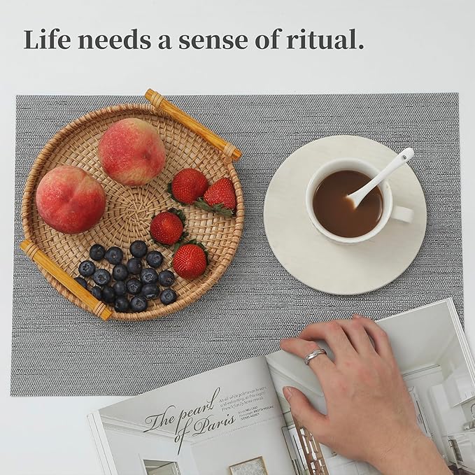 Leetaltree Grey Placemats, Heat Resistant Non-Slip Place mats for Dining Table, Washable Durable PVC Vinyl Woven Table Mats (Set of 24)