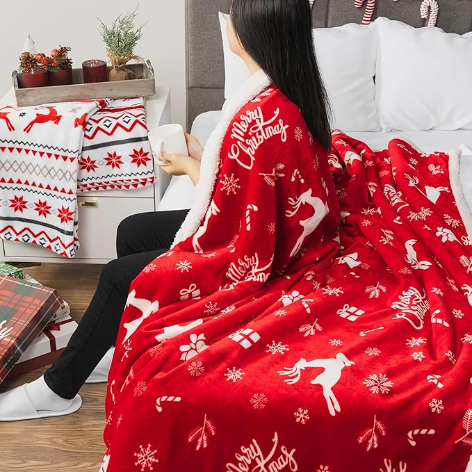 PAVILIA Premium Christmas Sherpa Throw Blanket | Christmas Decoration Gift, Fleece, Plush, Warm, Cozy Reversible Microfiber Holiday Blanket | Red Reindeer - 50x60