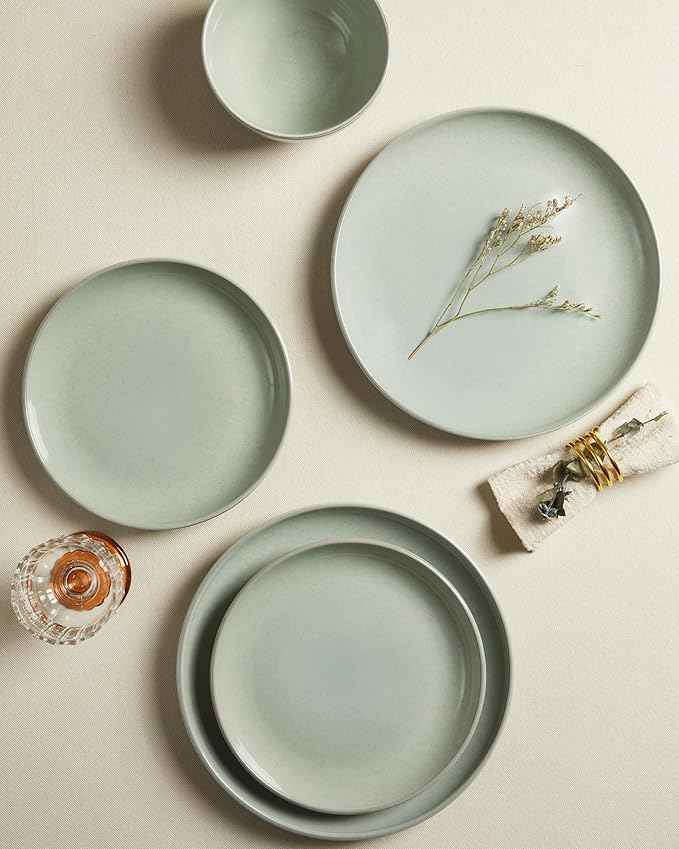 18 Piece Dinnerware Set for 6, Reactive Glaze Terracotta Plates and Bowls Set, Large Family-Sized Stoneware Dish Set for Gatherings, Chip and Scratch Resistant, Slate Green