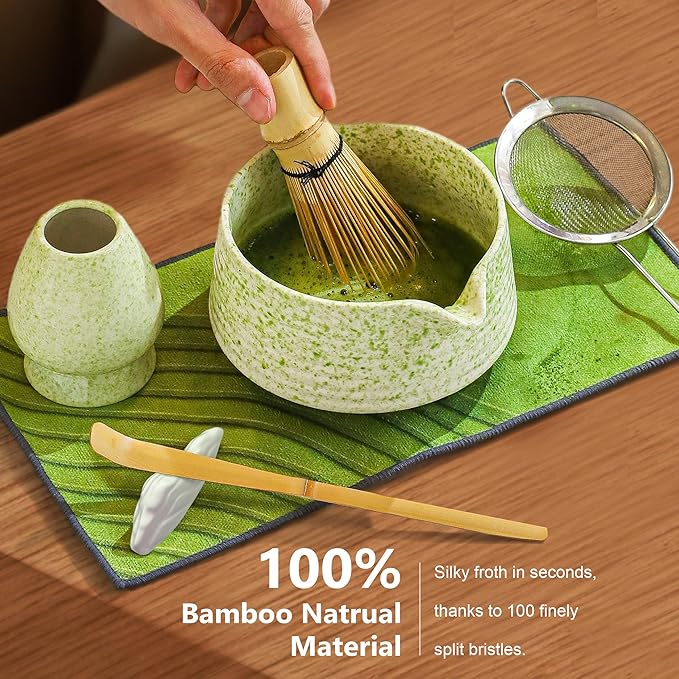 BEWOS 8 Pcs Matcha Whisk Set - 18OZ Ceramic Bowl with Spout, Matcha Sifter, Matcha Whisk Holder & Bamboo Matcha Whisk | Matcha Scoop, Complete Japanese Tea Ceremony Kit for Matcha Lover(Mottled Green)