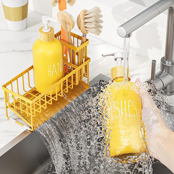 Cisily Yellow Dish Soap Dispenser Set, 16 fl Oz Dual Kitchen Soap Dispensers with Sponge Holder, Customized Stainless Steel Kitchen Soap Dispenser Set, Lemon Kitchen Decor and Accessories