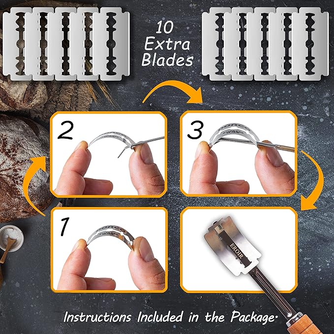 EROIR Danish Dough Whisk and Bread Lame Set - 13 Inch Dutch Bread Whisk - Bread Lame Dough Scoring Tool with 10 Razor Sharp Blades and Leather Cover