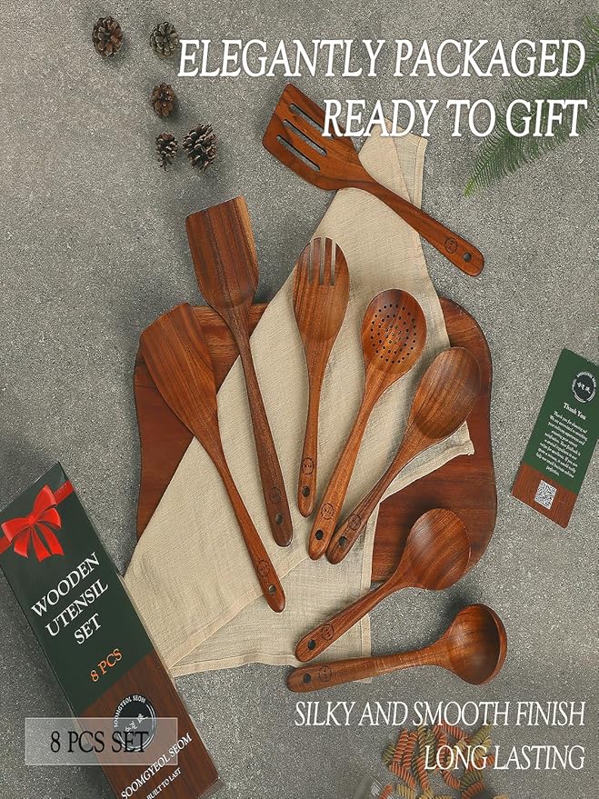 Natural Teak Wood Kitchen Utensil Set - 8 Piece Non-Stick Cooking Spoons & Spatulas, Heat Resistant & Eco-Friendly, Durable Wooden Tools for Nonstick Cookware
