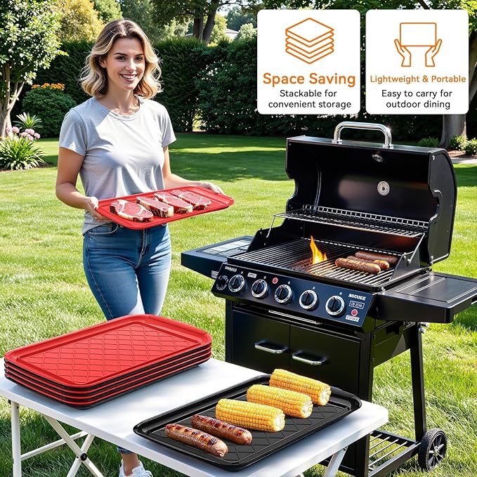 Serving Trays for Party - Set of 6, Large Serving Platters for Raw and Cooked Food, Dishwasher Safe, 17×10.5-inch Stackable Plastic Party Supplies for Grilling, BBQ, Meal Prep (Red, Black)