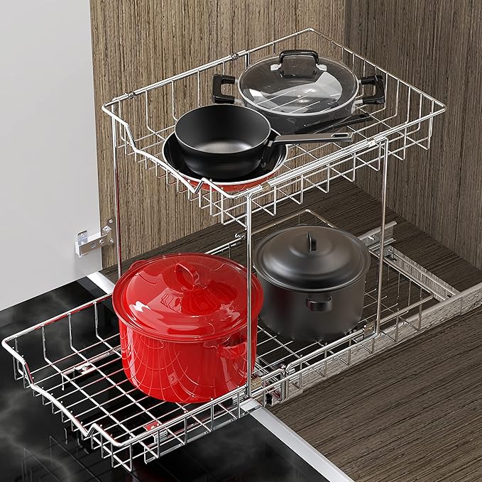 SIMPLE HOUSEWARE 2-Tier (L+L) Organizer Pull Out Under Cabinet Sliding Shelf, Chrome