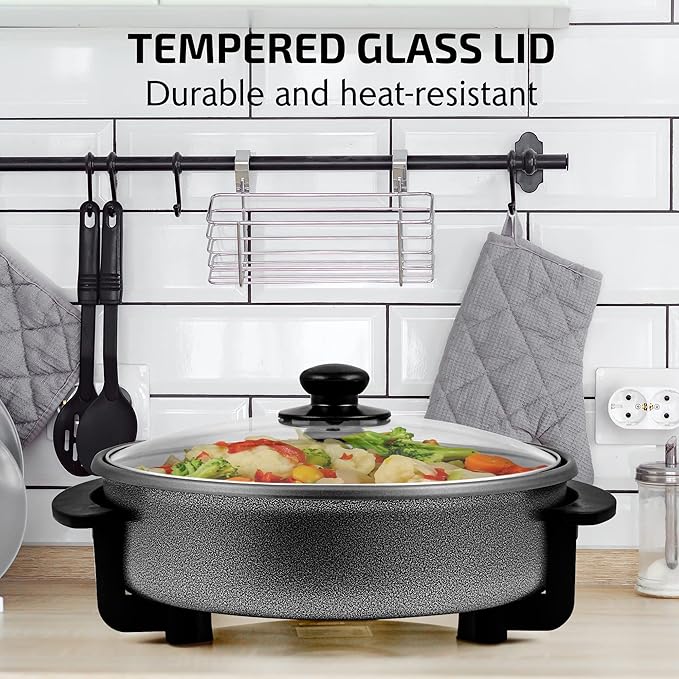 OVENTE 11.5-Inch Electric Skillet & Frying Pan, 1400W Nonstick Cooking Pan with Adjustable Temperature Control, Tempered Glass Lid with Steam Vent, Cool-Touch Handles, Easy-Clean Black SK11112B