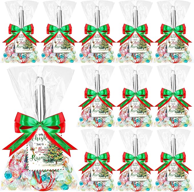 12 Set Christmas Whisk Gifts for Neighbor, Christmas Baking Supplies Include Silicone Whisks Greeting Card Ribbon and Plastic Bag Xmas Cooking Utensils for Neighbor Employee Stocking Stuffers Ideas