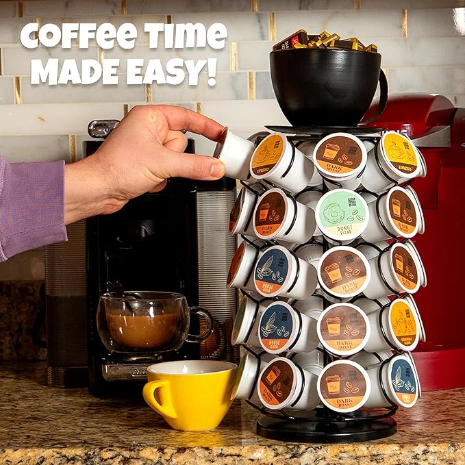 Made Easy Kit Carousel Coffee Pod Organizer - Compatible with Keurig K-Pods K-Cups - Countertop 360 Spin Rack Storage - Lazy Susan Revolving Base Metal (Black Coffee Mug, Large (40 Pods))