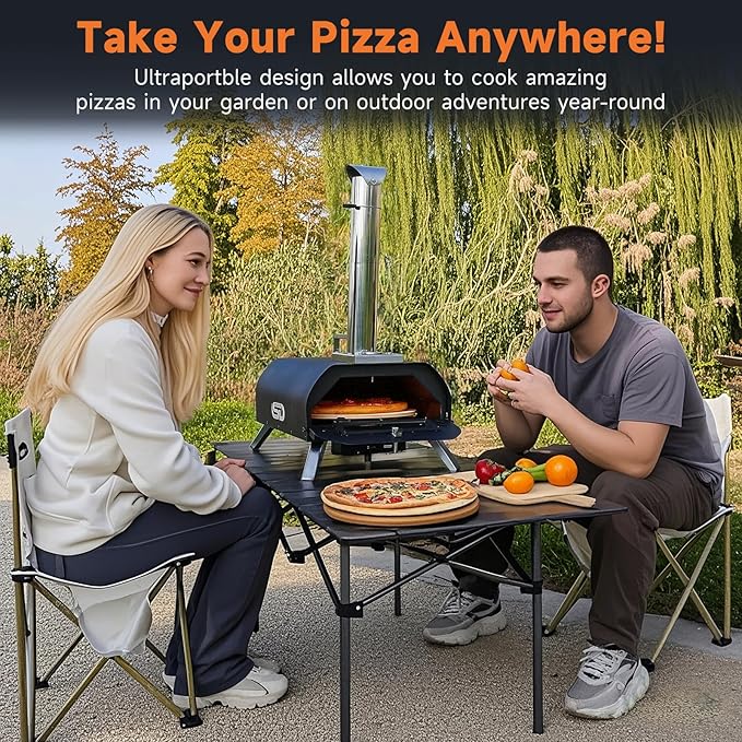SizzleDelite Outdoor Pizza Oven Wood Pellet 12" Round Pizza Stone, Portable Wood Fired with Built-in Thermometer Pizza Stove, Stainless Steel Pizza Maker for Outside, Backyard, Camping - Black