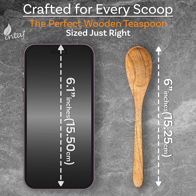 INTAJ 6 PCS Small Wooden Spoons, 6 Inch Honey Spoons for Tea, Hardwood Wooden Honey Teaspoon for Coffee, Little Tiny Wood Spoon, Bamboo Table Spoon for stirring, Wooden Spoons for Utensils Set